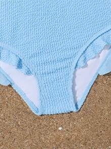 Bikini Estilo Camiseta Para Niñas En Edad Intermedia, De Un Solo Color Con Volantes Y Tela Especial - Azul - Ver 3