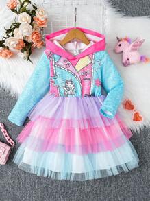 SHEIN 女小童獨角獸印花網紗多層下擺連帽洋裝 - 彩色 - 查看 1