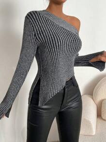 SHEIN Privé 不對稱領開叉邊套頭毛衣 - 灰色 - 查看 3