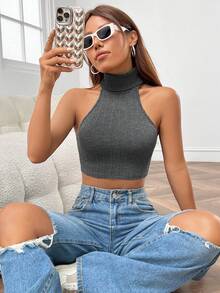 SHEIN EZwear 暗灰色針織緊身無袖背心，適用於夏季 - 深灰色 - 查看 4