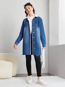 SHEIN 青少年女孩翻蓋口袋毛絨內襯牛仔外套 - 深色水洗藍 - 查看 3