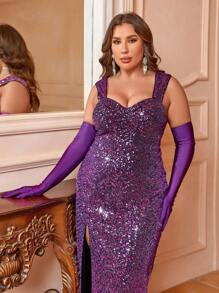 SHEIN Belle Luxury Beaded Plus Size Evening Dress With High Slit (Heavy Versoin)
