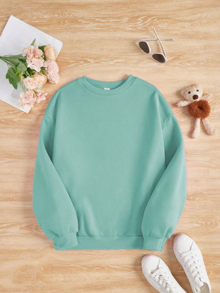 SHEIN Tween Girl Casual Crew Neck Long Sleeve Sweatshirt, Suitable For Autumn/Winter - Mint Green - View 1