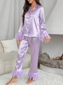Fuzzy Trim Satin PJ Set / Pajama Set - Purple - View 4