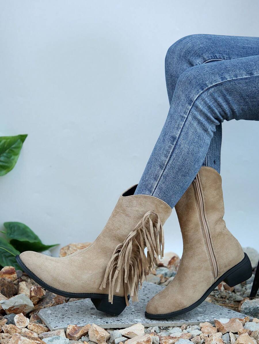 時尚復古流蘇女靴,2023秋冬新款,粗跟,側邊拉鍊,中小腿長度 - 卡其色 - 查看 1