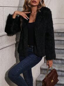 SHEIN LUNE 開門襟毛茸茸外套 - 黑色 - 查看 1