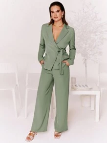 Sophia Solid Wrap Knot Side Blazer - Green - View 3