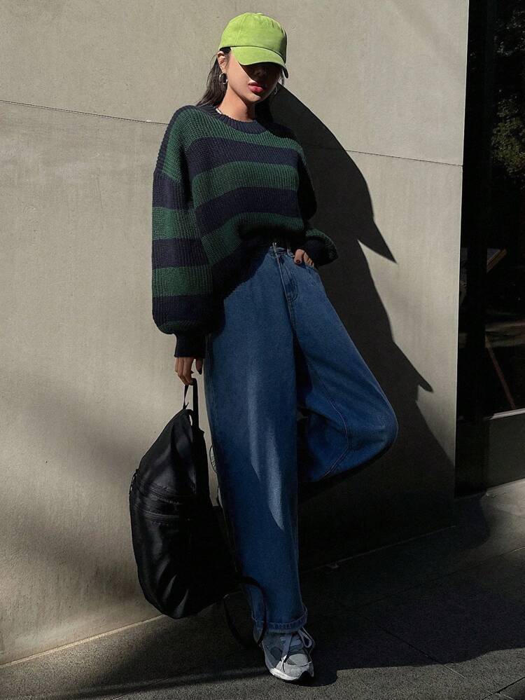 Color Block Drop Shoulder Sweater,Long Sleeve Tops,Fall Women Clothes