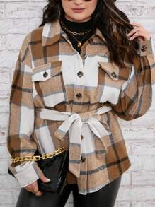 SHEIN CURVE+ Plus Plaid Print Drop Shoulder Flap Pocket Belted Coat - Multicolor - View 3