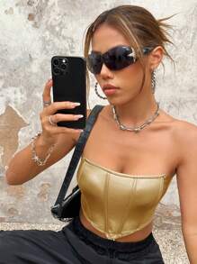 SHEIN ICON Ống da PU Hanky Hem màu vàng - Vàng - Xem 6