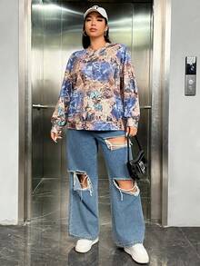 SHEIN EZwear Plus Butterfly Print Drop Shoulder Sweatshirt - Dark Grey - View 4