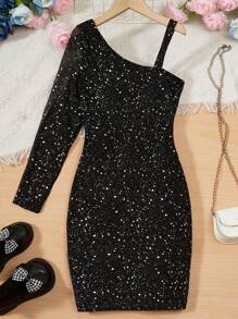 Sparklyn Tween Girl Asymmetrical Neck Dalmatian Dress - Black - View 2