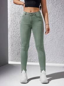 SHEIN Essnce 素色緊身九分牛仔褲 - 綠色 - 查看 6