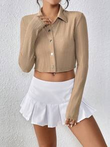SHEIN Essnce Haut Court De Couleur Unie Pour Femmes, Avec Boucle Sur La Première Rangée, T-shirt À Manches Courtes - Kaki - View 4