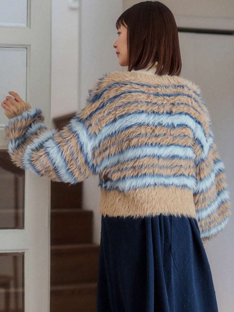 Women'S Striped Color Blocking Plush Knitted Cardigan With Drop Shoulder Jacket Fall,Winter