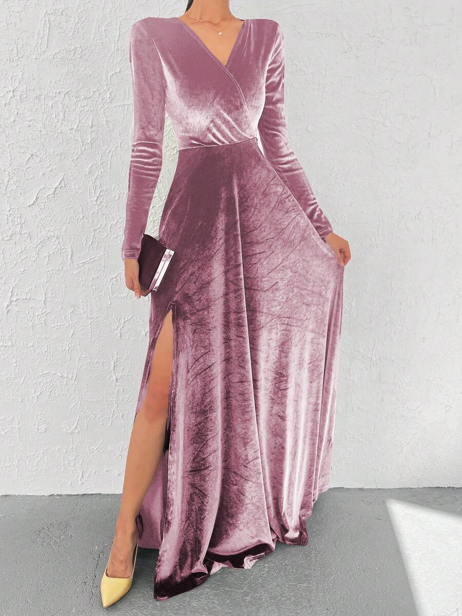 Surplice Neck Split Thigh Velvet Dress - Pink - View 1