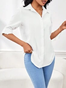 Calvaya Women's Simple White Button-Down Long Sleeve Convertible Shirt,Long Sleeve Tops Fall Cloth For Women - White - View 6