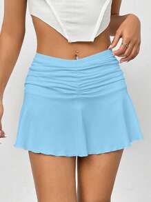 Muchica 休闲纯色褶皱迷你裙，夏季百搭 - 藍色 - 查看 3