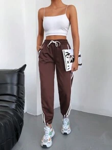 Cottnline Contrast Striped Side Drawstring Waist Sweatpants - Brown - View 5