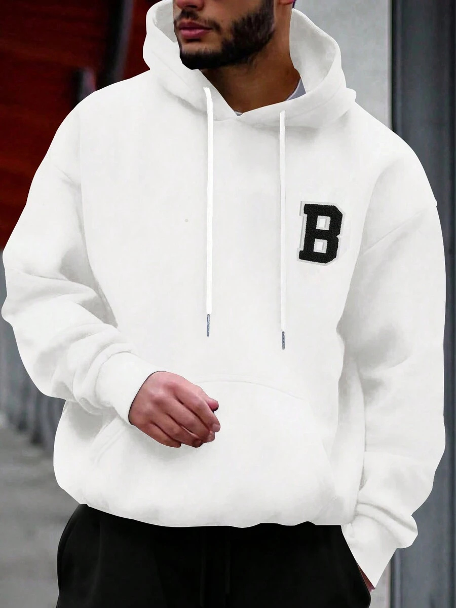 Manfinity Homme Nam Plus Thư được vá Túi kangaroo Dây rút Hoodie - trắng - Xem 1