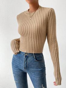 SHEIN LUNE Suéter de punto acanalado de punto sólido para otoño e invierno - Caqui - Ver 5