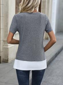 SHEIN LUNE เสื้อยืด สองตัวปลอม กระดุมด้านหน้า - สีเทา - ดู 2