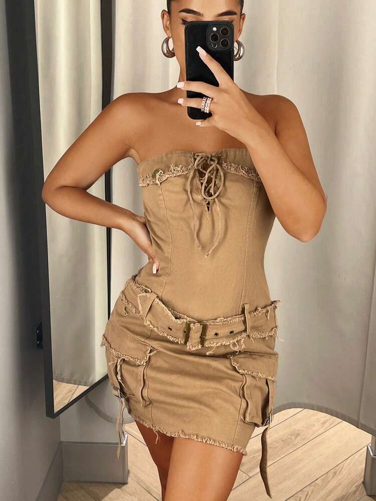 Lace Up Front Flap Pocket Belted Bodycon Dress