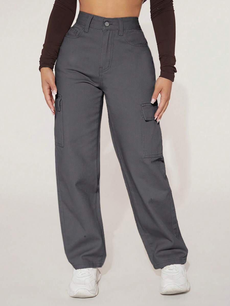 SHEIN PETITE Cao eo Túi nắp bên cạnh Quần jean chở hàng - Màu xám đen - Xem 1