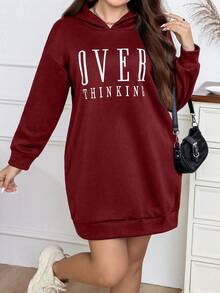 Calvaya 大码字母图案落肩卫衣连衣裙 - 酒紅色 - 查看 5