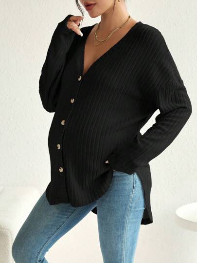 SHEIN Maternity Solid Color Front Button Slit Hem Drop Shoulder T-Shirt With Long Sleeve