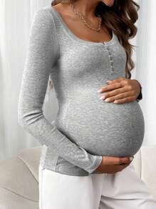 SHEIN Maternity Half Button Placket Round Neck T-Shirt With Long Sleeve - Grey - View 5