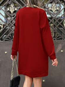 RueChic Drop Shoulder Split Hem Sweatshirt Dress - Red - View 2