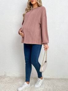 SHEIN Thai sản Thả vai Đồ đan Ribbed Áo thun - Hồng - Xem 5