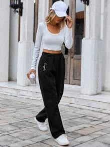 EURMUSE 女字母印花運動褲 - 黑色 - 查看 4