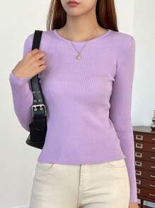 DAZY Women's Solid Round Neck Long Sleeve Slim Fit Business Casual Pullover Sweater,Fall Women Clothes - Purple - View 3