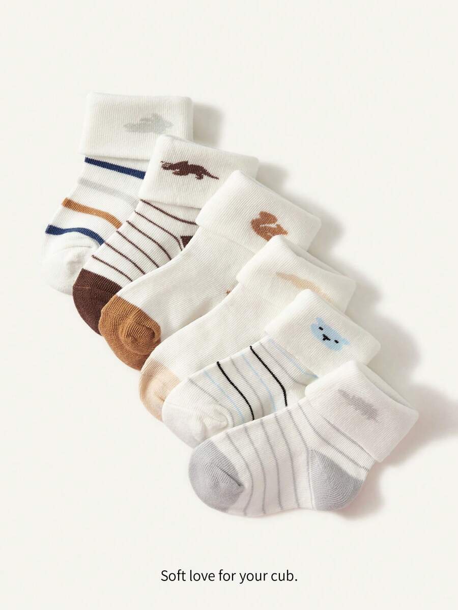 Cozy Pixies 6pairs/pack Cute Dinosaur Pattern Baby Socks With Folded Cuff - Multicolor - View 1