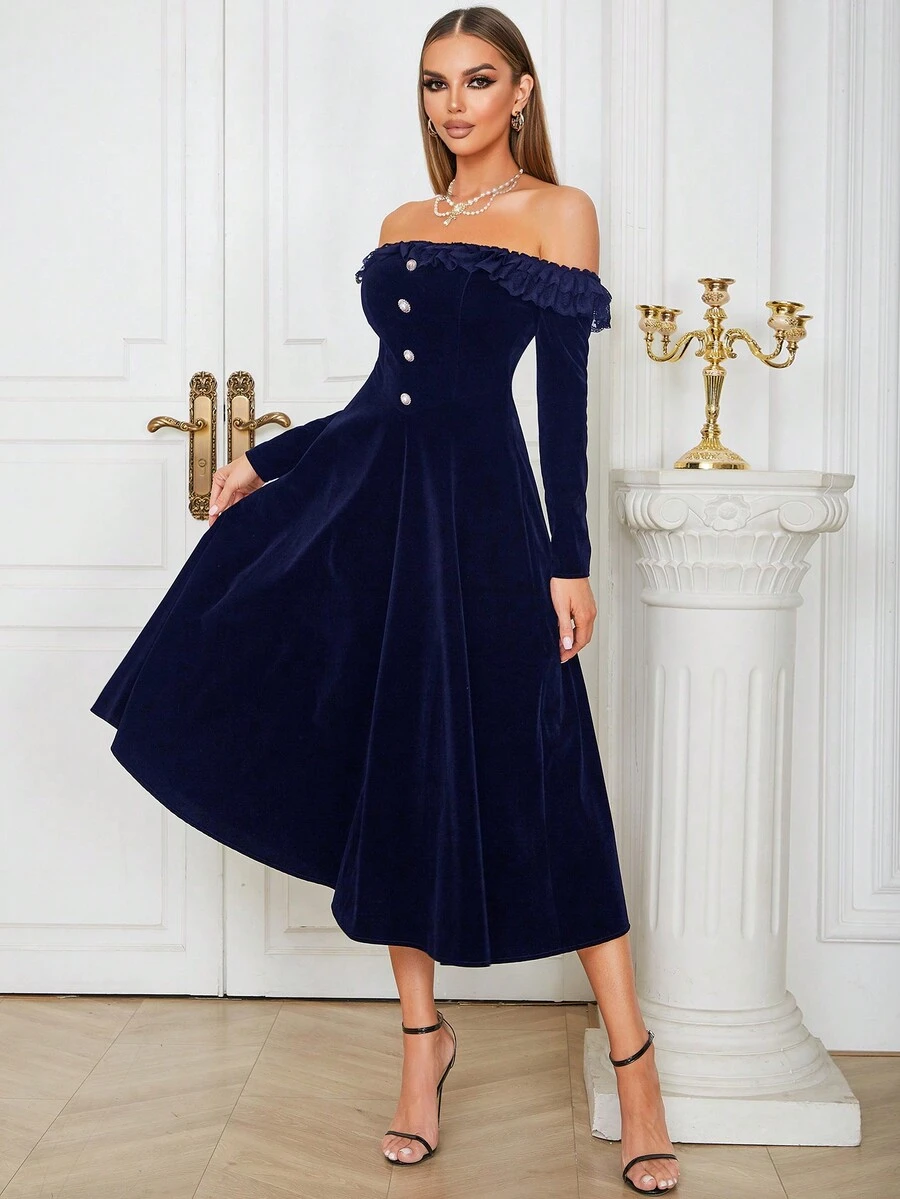 Off-Shoulder Ruffle Trim Button Front Velvet Dress - Blue - View 1
