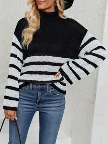 SHEIN LUNE Striped Pattern Turtleneck Drop Shoulder Sweater Knit Pullover Fall Winter Outfit