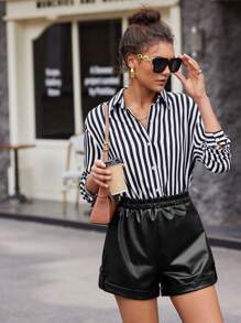 BizChic Eo đàn hồi Cuộn Hem chất liệu da PU Quần short - màu đen - Xem 3