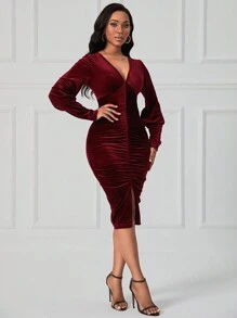 Lyxana Vestido ajustado fruncido delantero de terciopelo - Burdeos - Ver 4