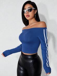 SHEIN Unity 一字肩條紋圖案側短款T恤 - 藍色 - 查看 4