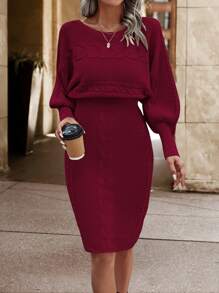 Chiquease Cable Knit Batwing Sleeve Sweater Dress - Burgundy - View 3