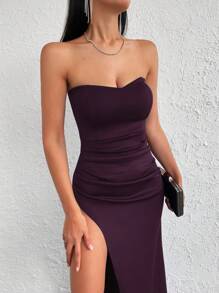 EURMUSE Solid Split Thigh Tube Dress - Purple - View 4
