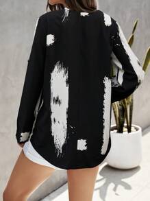 SHEIN Clasi 筆刷圖案捲邊袖襯衫 - 黑與白 - 查看 2