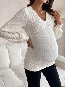 SHEIN Maternity V Neck Lantern Sleeve Tee - White - View 6