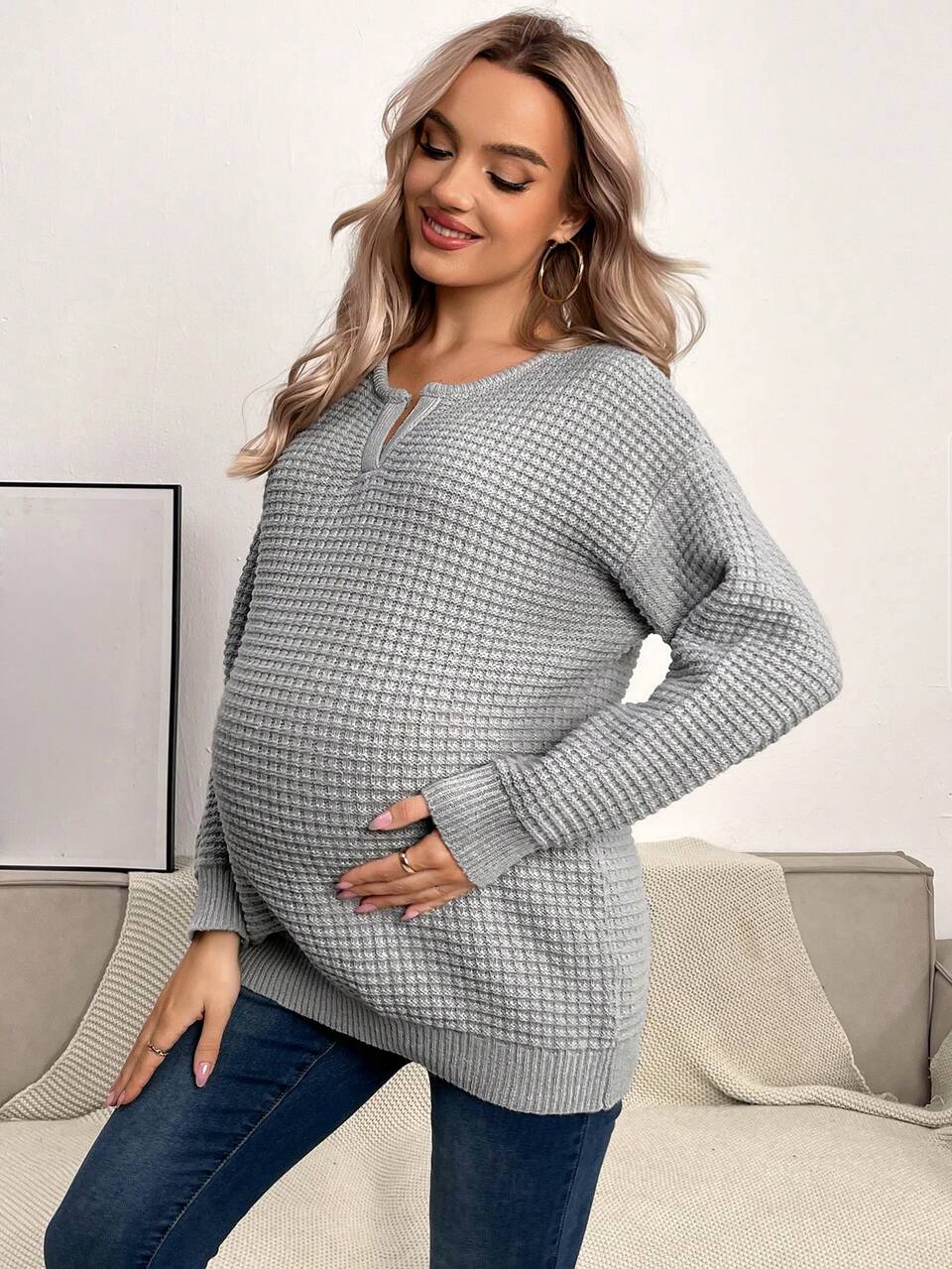 Maternity Notched Neck Drop Shoulder Sweater, For Winter