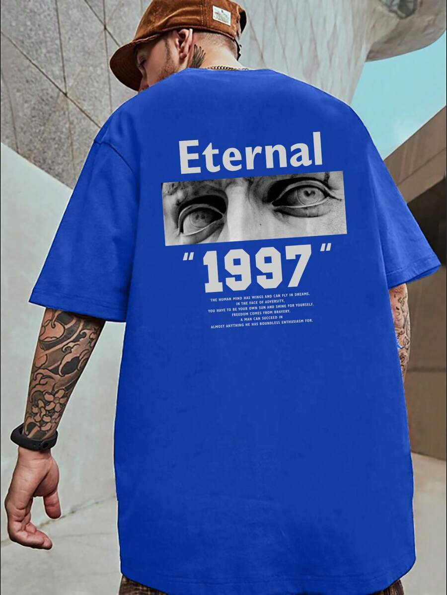 Manfinity EMRG Men Figure & Slogan Graphic Drop Shoulder Tee - Blue - View 1