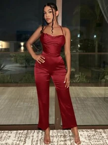 SHEIN SXY Draped Collar Lace Up Backless Satin Cami Jumpsuit