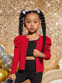 SHEIN Cô Gái Trẻ Tay áo Dây kéo mặt trước Áo khoác - Màu Đỏ Sâu - Xem 4