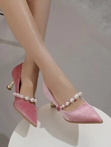 Zapatos de tacón de aguja con diseño de perla de punta - Rosa - Ver 5